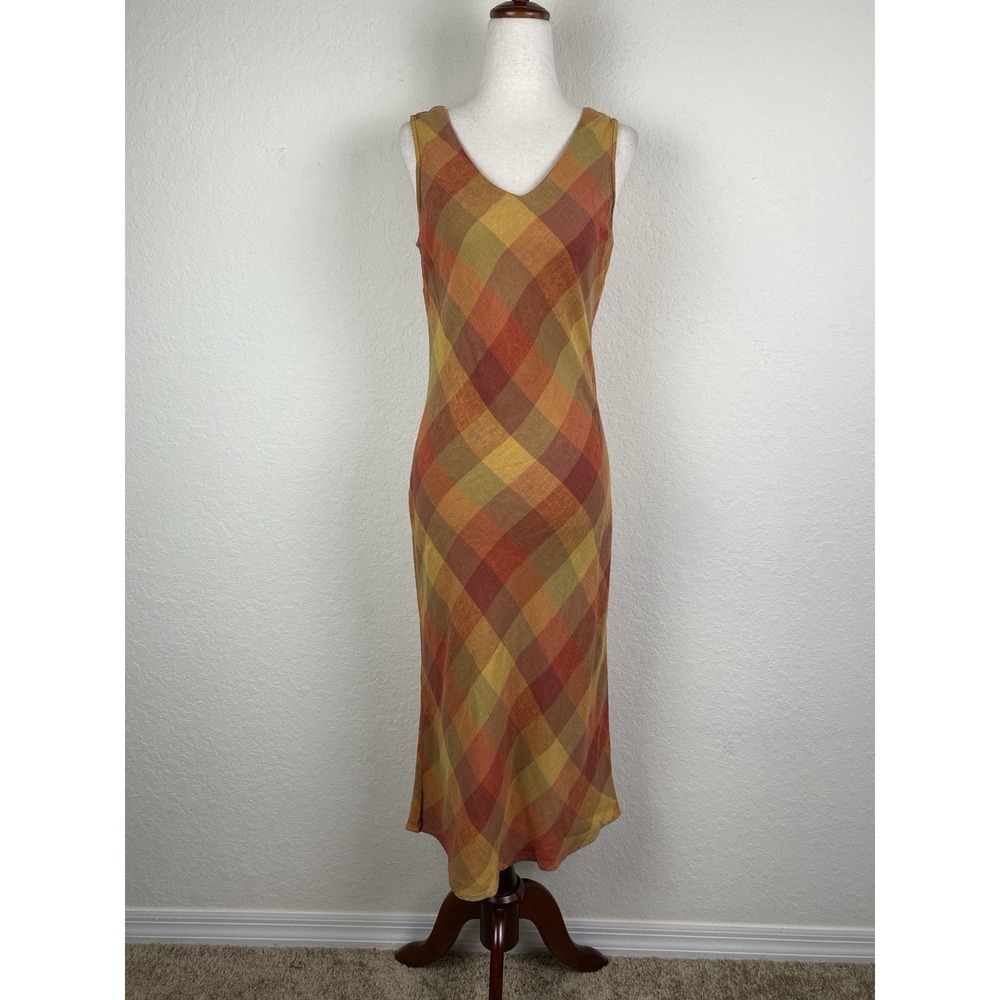 Vtg Expressions S Midi Tank Dress Plaid Orange Linen Blend Cottage Preppy 90s